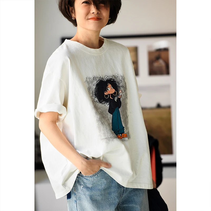 T71600 韩版洋气女孩印花宽松纯棉打底加厚短袖T恤女春 米兰宣言