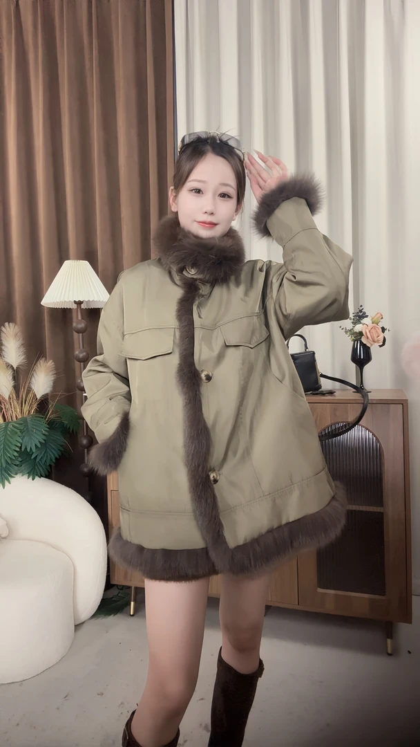 【百搭兔兔】2025秋冬新款短外套狐狸毛领子兔毛内胆保暖派克女