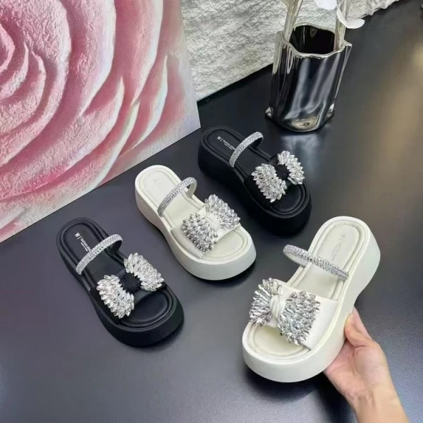 【真皮+蝴蝶结水钻】休闲夏季水钻一字拖拖鞋女鞋网红仙女风259-35