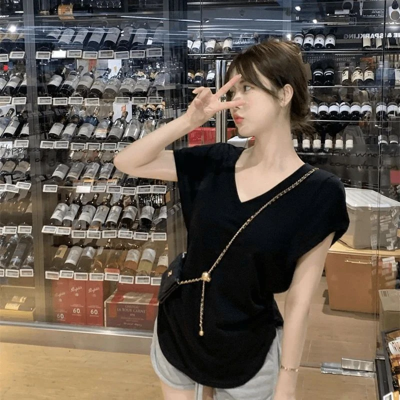 时髦孕妇装V领正肩短袖t恤女新款宽松显瘦休闲小众修身洋气夏上衣