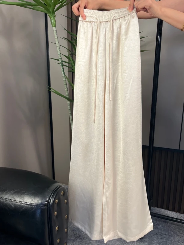 夏季高级感新中式肌理感双缎面松紧高腰阔腿裤