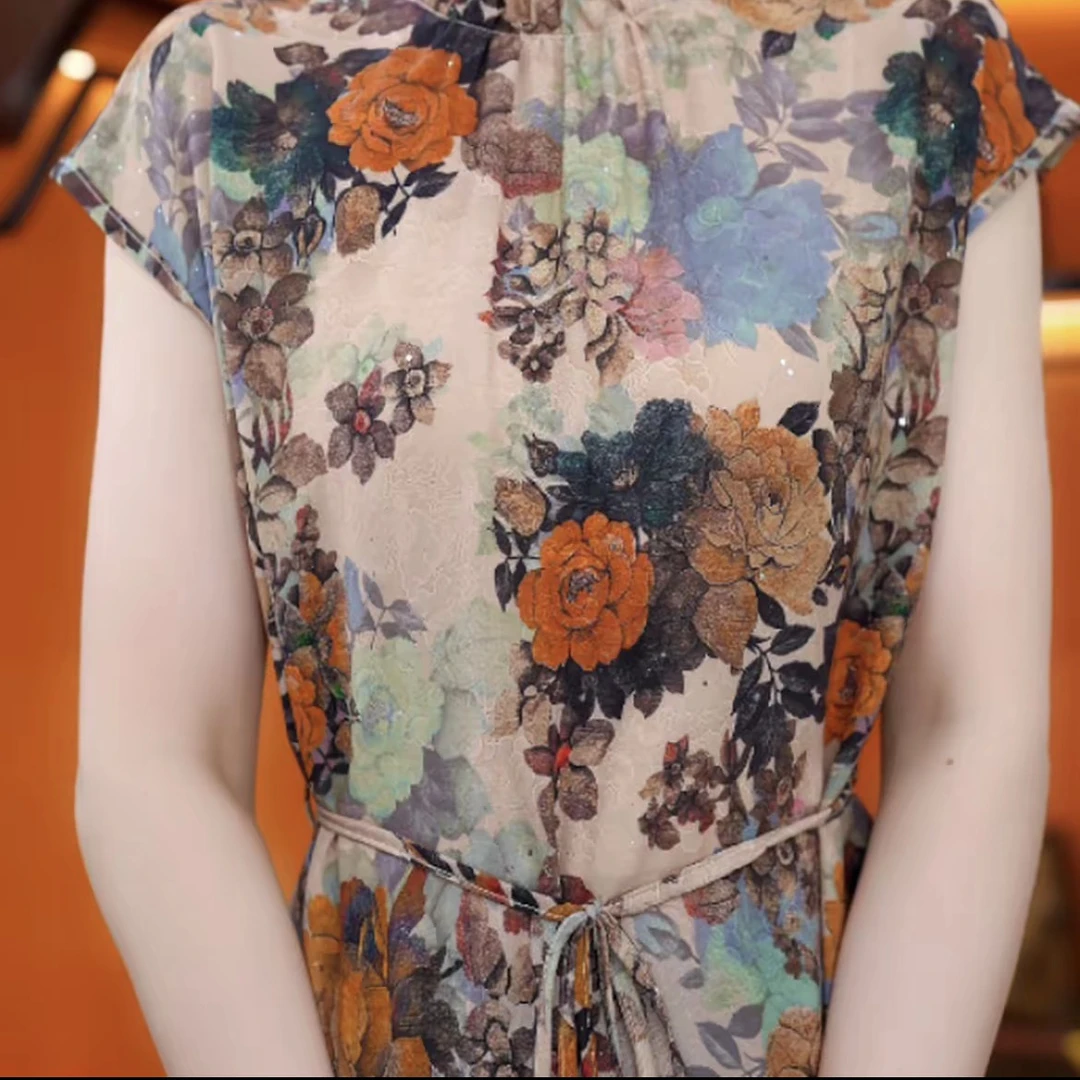 YM8816落英缤纷2025新款连衣裙新中式中长款宽松裙子气质显瘦