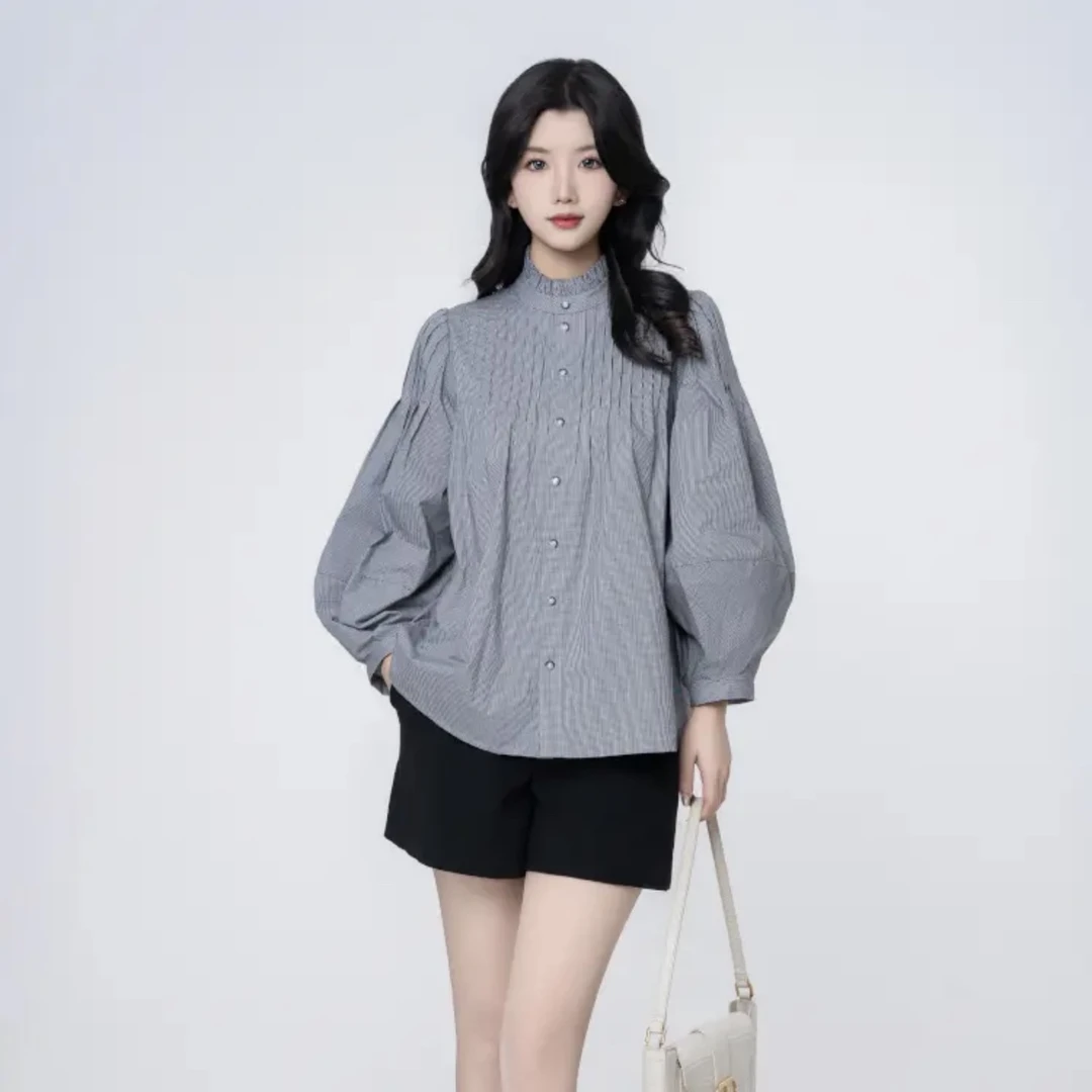 女装气质百搭小众立领长袖法式简约灯笼袖衬衫5301044