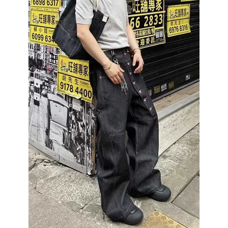 美式高街复古设计感长排扣牛仔裤男女潮牌宽松bf慵懒风个性阔腿裤