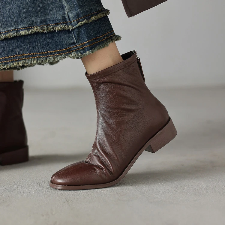 3cm~法式复古真皮粗跟显瘦短靴女秋冬新款中跟圆头后拉链马丁靴女