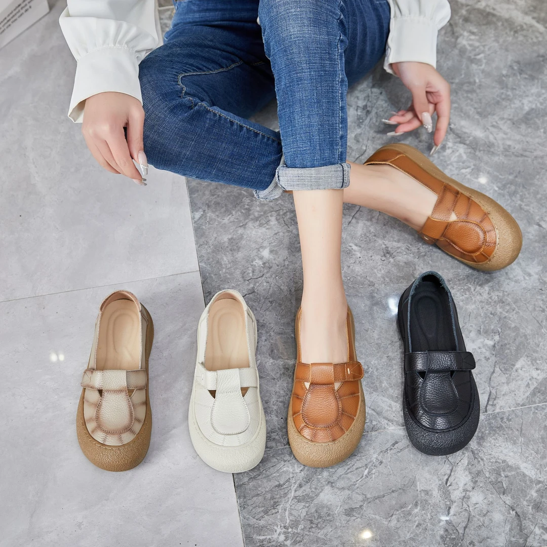 2025春夏新款真皮平底圆头百搭休闲软底防滑舒适妈妈鞋奶奶鞋6608