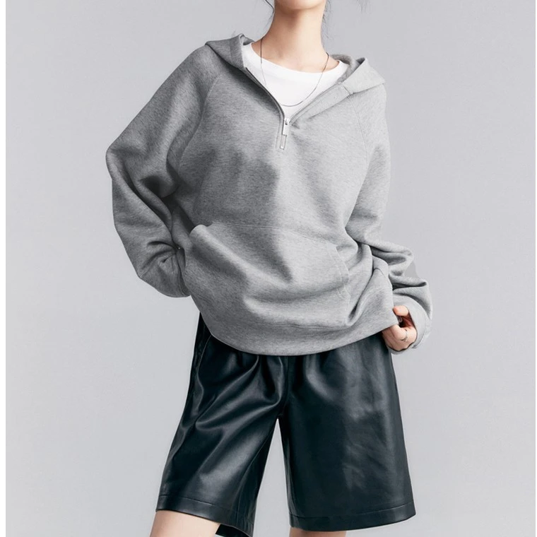 初棉灰色半拉链卫衣女 美式复古空气层上衣 秋季bf风连帽宽松外套