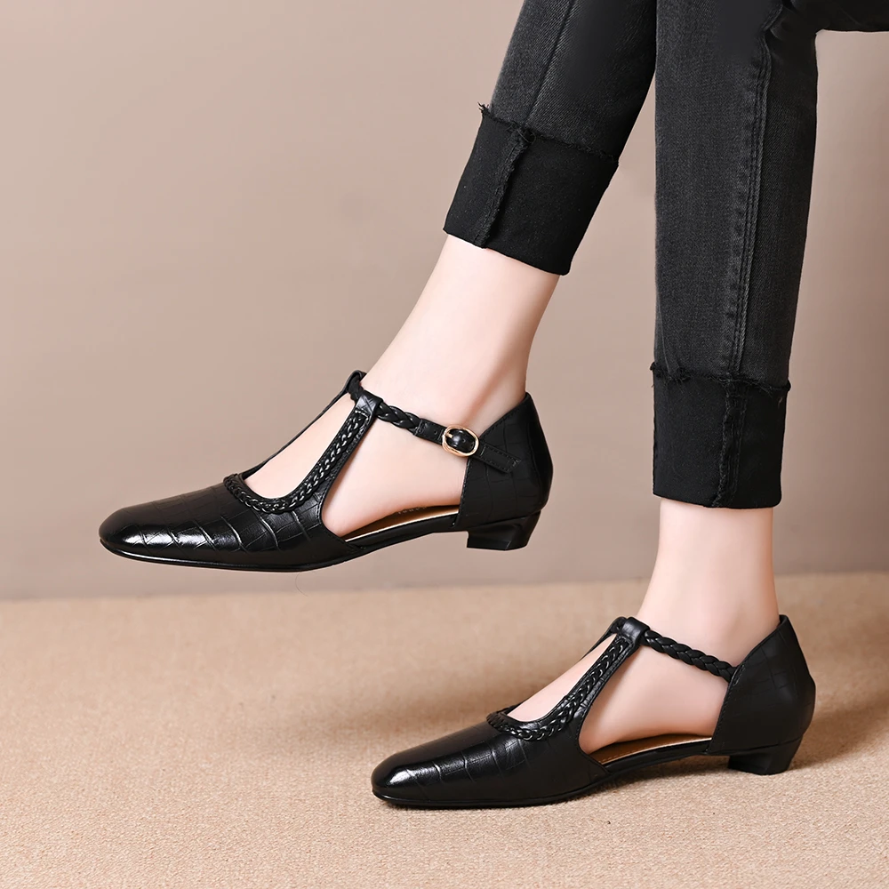 头层牛皮时尚圆包头编织纹中粗跟单鞋女凉鞋2025气质百搭简约通勤