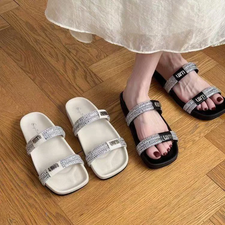 【三号】水钻平底拖鞋女夏时髦洋气仙女风凉拖软底海边沙滩鞋