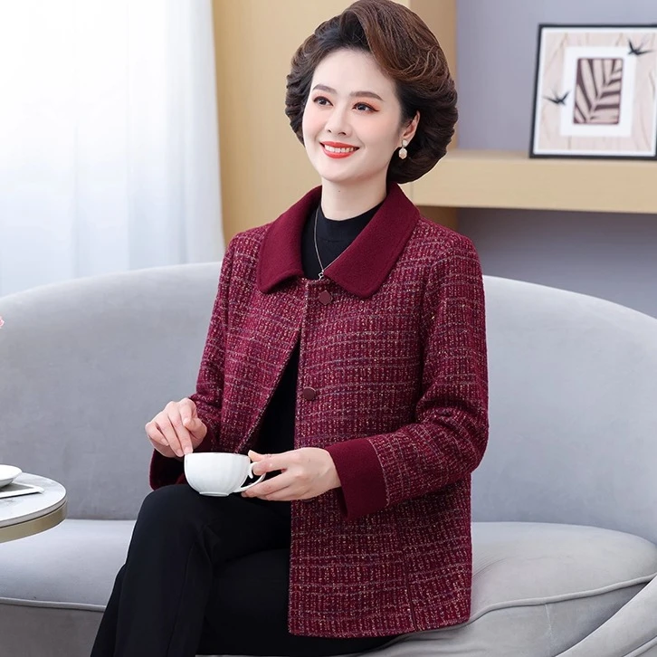 妈妈装秋装洋气翻领外套新款中老年女夹克阔太太春秋奶奶休闲上衣