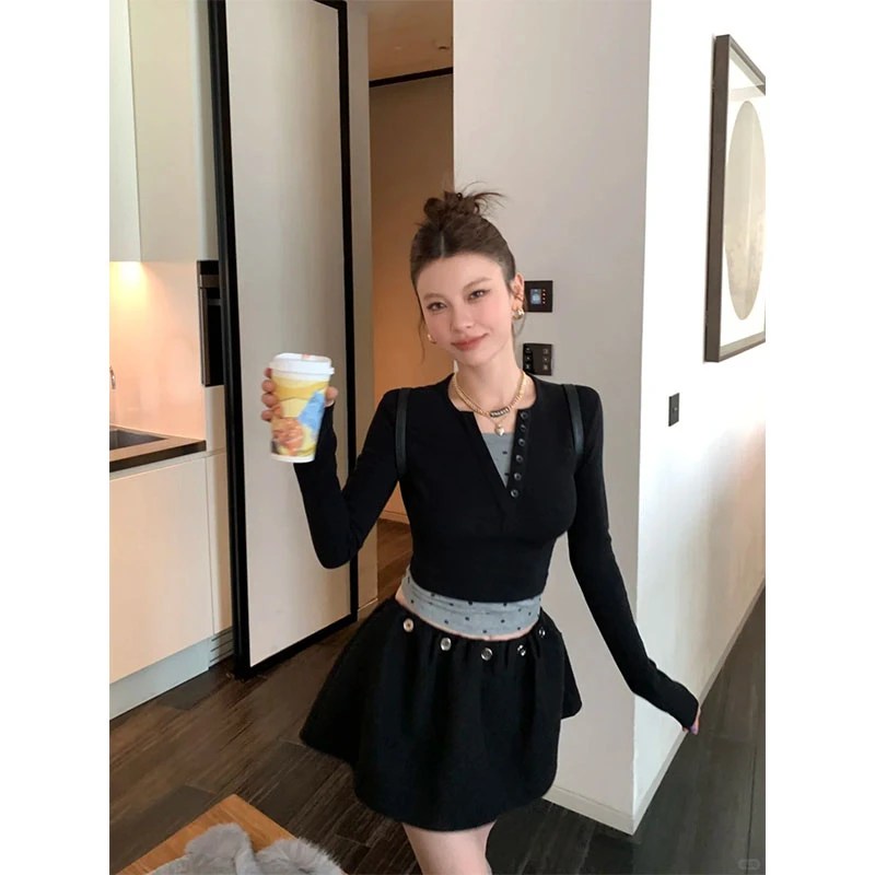 2025秋季小众简约风修身显瘦时尚上衣穿搭气质高腰a字半身裙套装