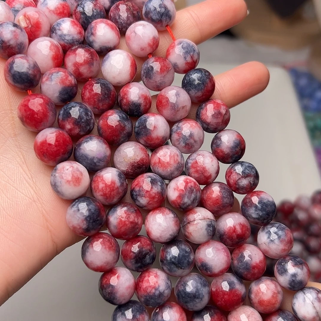 玛瑙/玉髓合金珠宝半成品Y273。12mm绯霞烟纹玉刻面圆珠一条