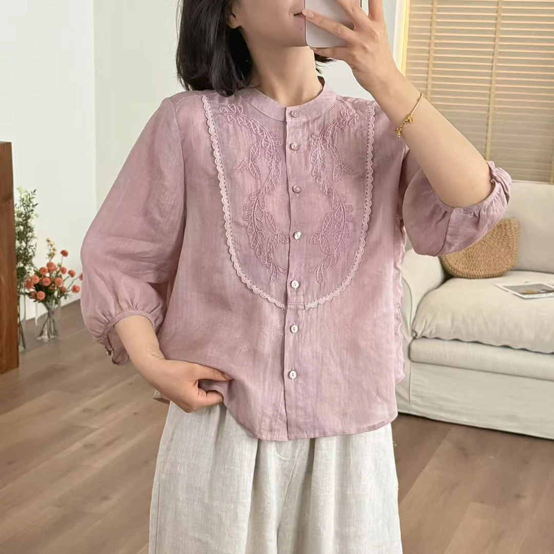 常樂家2025夏季新款纯苎麻蕾丝花边圆领刺绣娃娃衫939