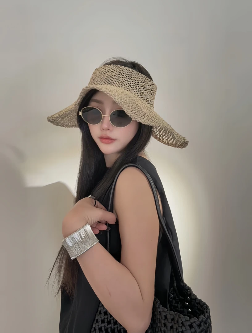 韩系风格可折叠草编空顶帽女夏季海边度假防晒遮阳帽