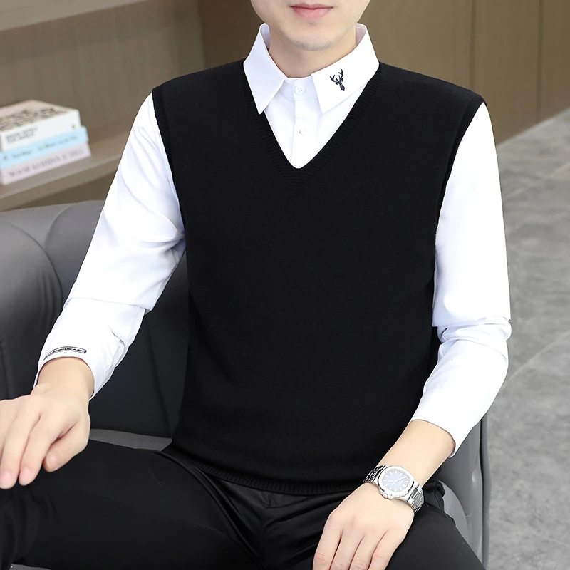 高档秋冬新款假两件毛衣男士衬衫领针织打底衫时尚百搭男装J627