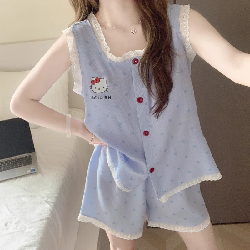 夏季带胸垫吊带短裤睡衣女款云朵棉卡通Hellokitty背心家居服套装