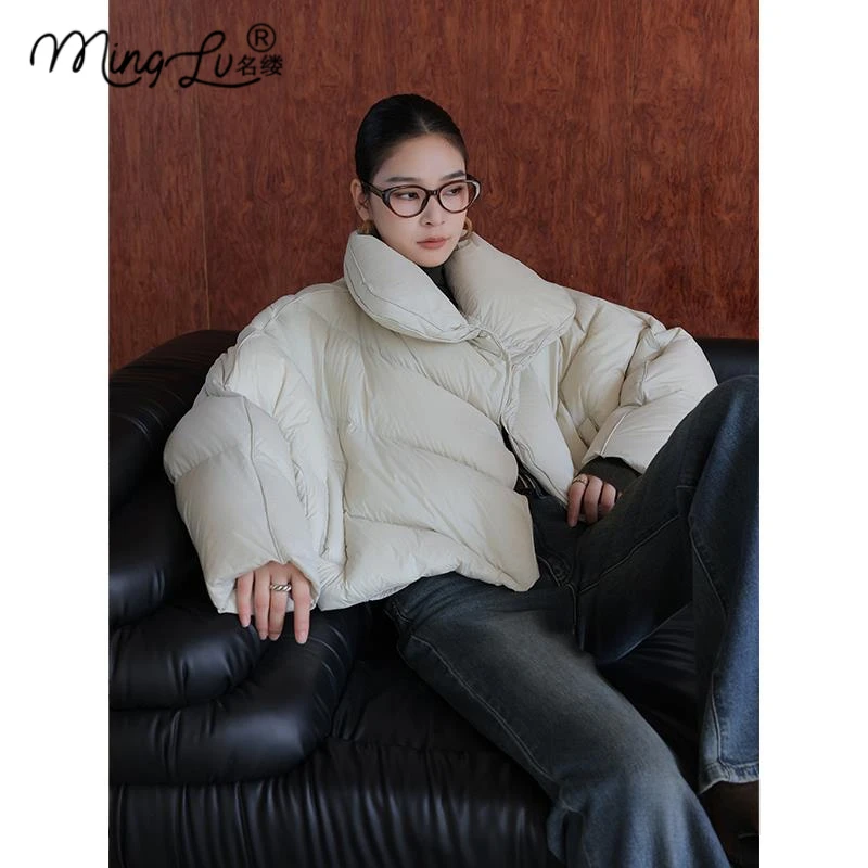 名缕/MINGLV杏色设计感立领白鸭绒羽绒服女2025冬季新款百搭外套