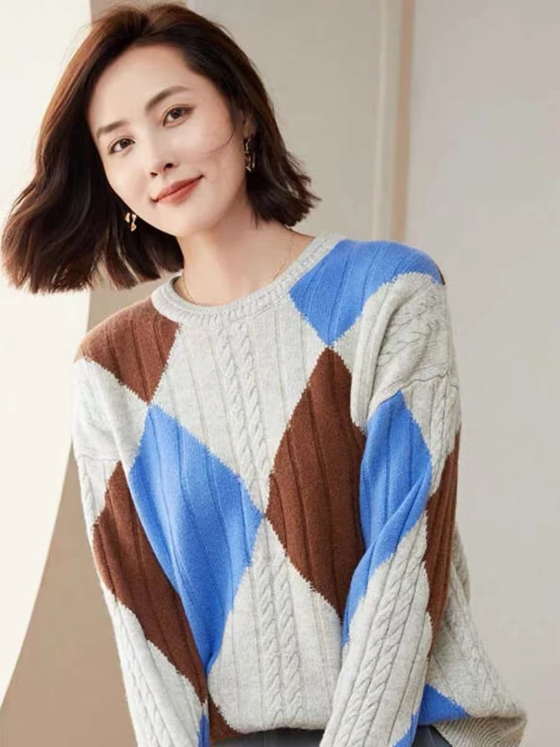 全羊毛圆领麻花拼色重工厚毛衣女百搭毛衫