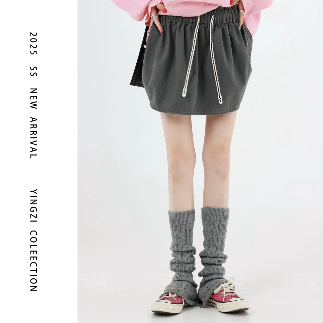 颖子定制【摇摆恋曲】夏季休闲百搭纯色松紧腰抽绳A字短裙9675
