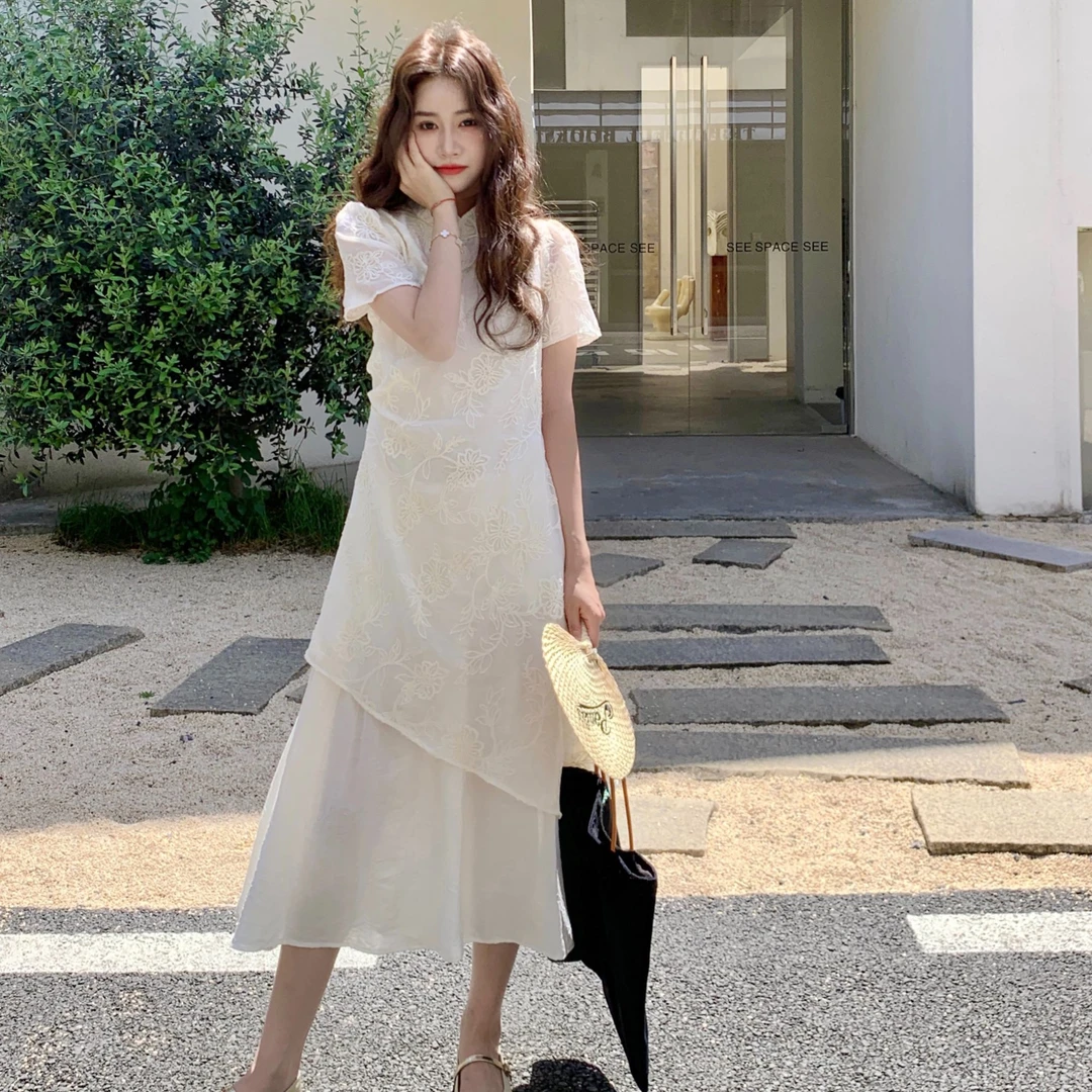 新中式国风网纱连衣裙女2025年夏季新款暗纹提花刺绣不规则中长裙