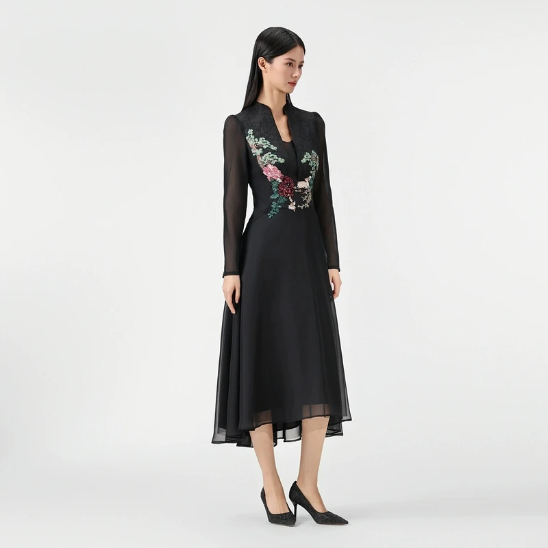 古色SUSSI【官店】“芳华”新中式暗纹提花刺绣立领连衣裙