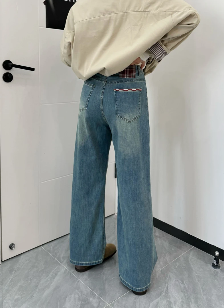 港风蓝色牛仔裤女款高腰显瘦大码秋季上新流光风松弛感阔腿裤子