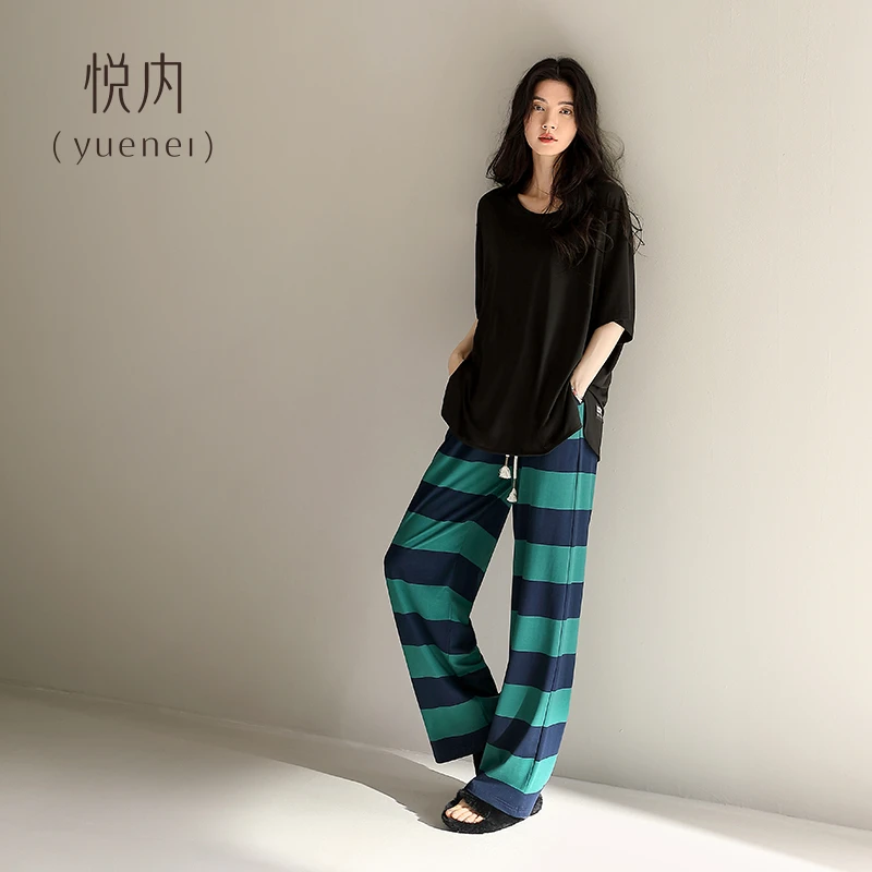 悦内睡衣女士夏季夏天纯棉短袖长裤家居服休闲圆领套头可外穿薄款