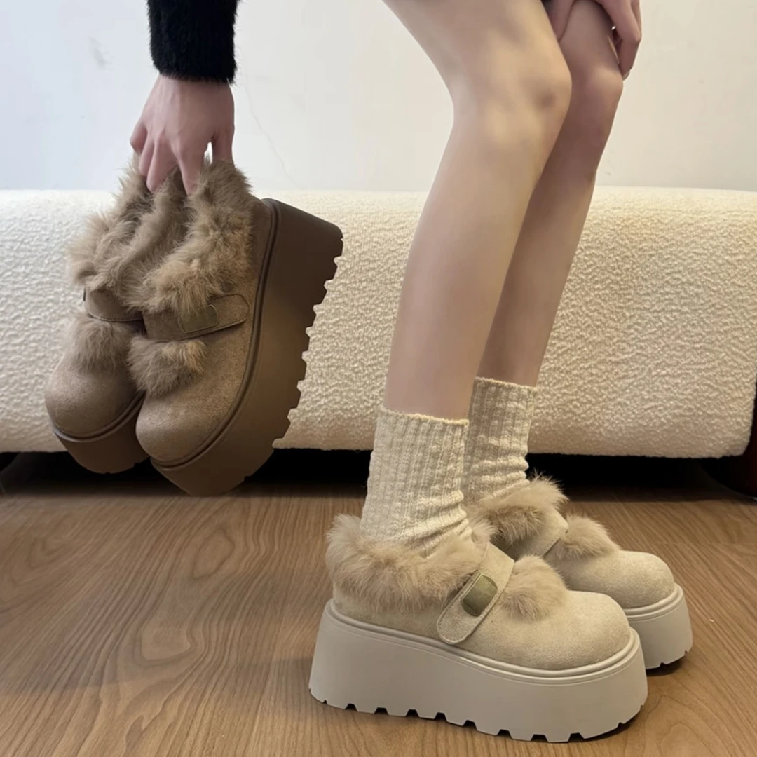 复古拼接网红小个子增高厚底毛毛棉鞋女2025冬季新款松糕勃肯鞋