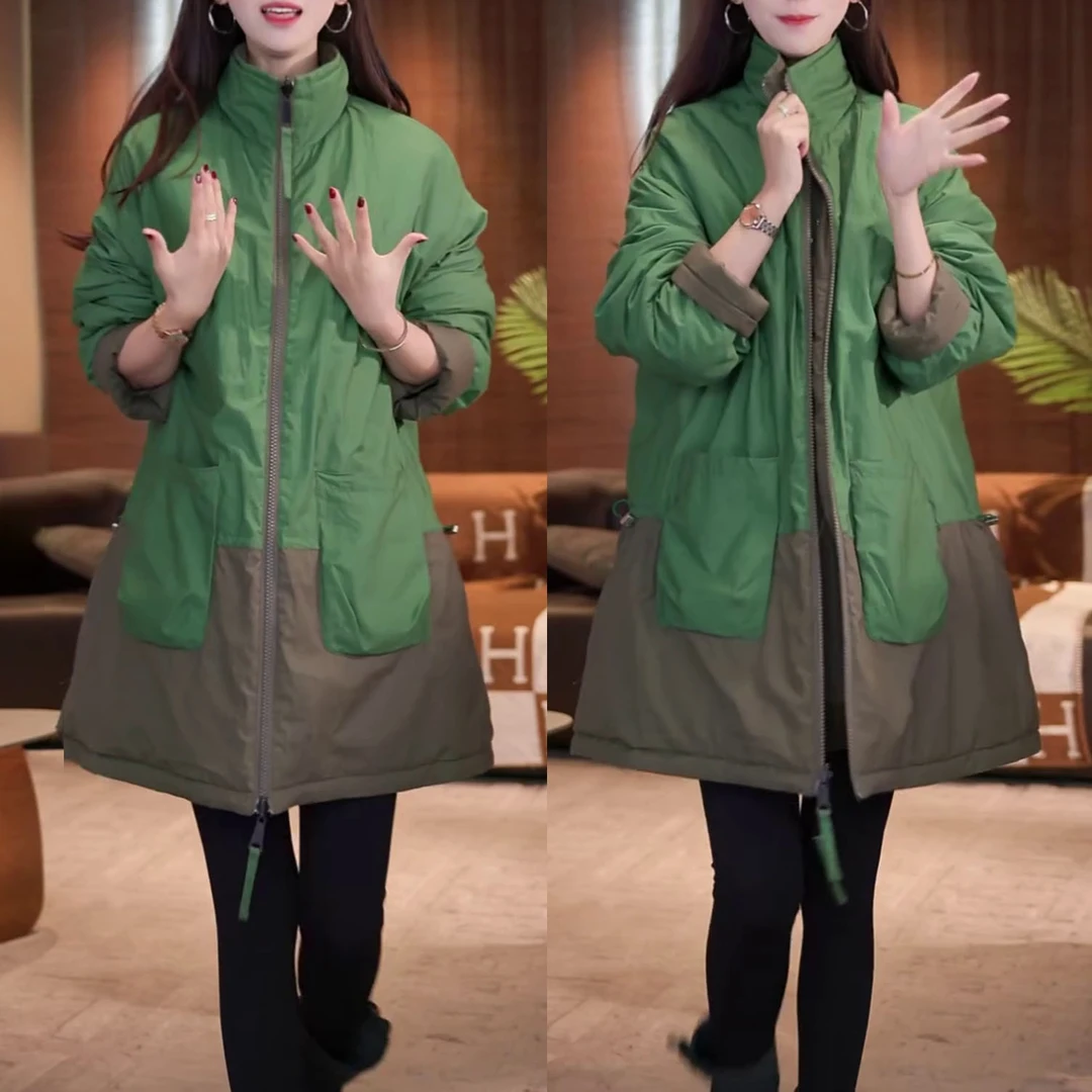 时尚新款2025秋冬小众双色拼接正反两穿加棉加厚保暖中长款棉衣女