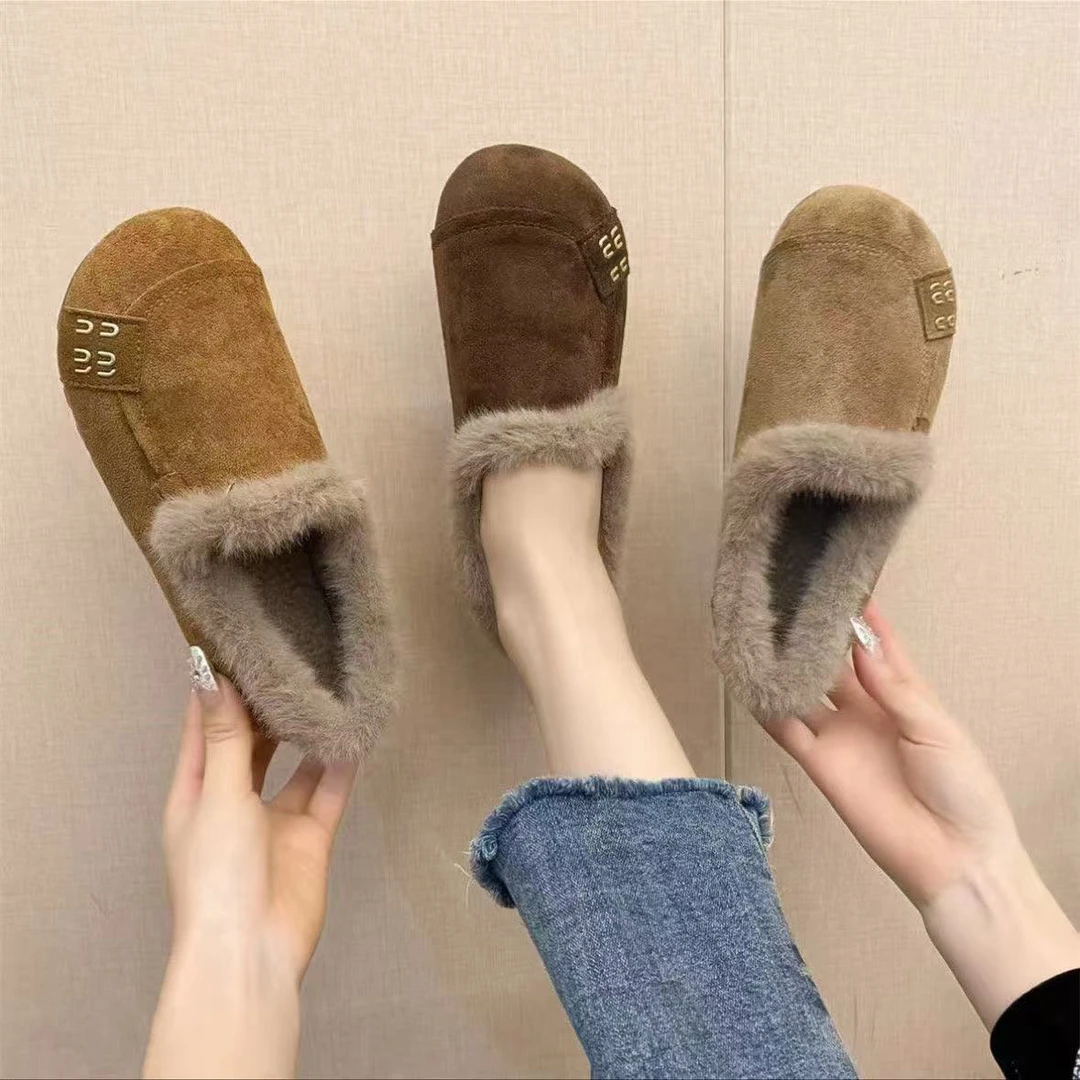 GC冬季圆头新款防滑一脚蹬棉鞋女平底加绒保暖复古豆豆鞋
