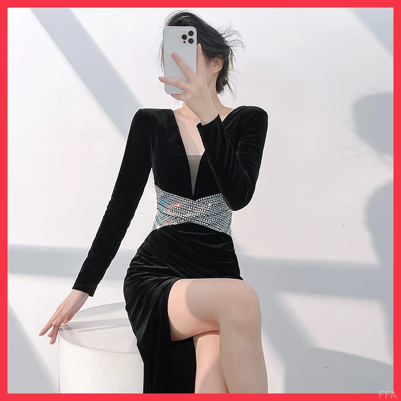 气质裙宴会气质显瘦修身黑色晚礼服高级感时尚优雅长袖鱼尾裙高端