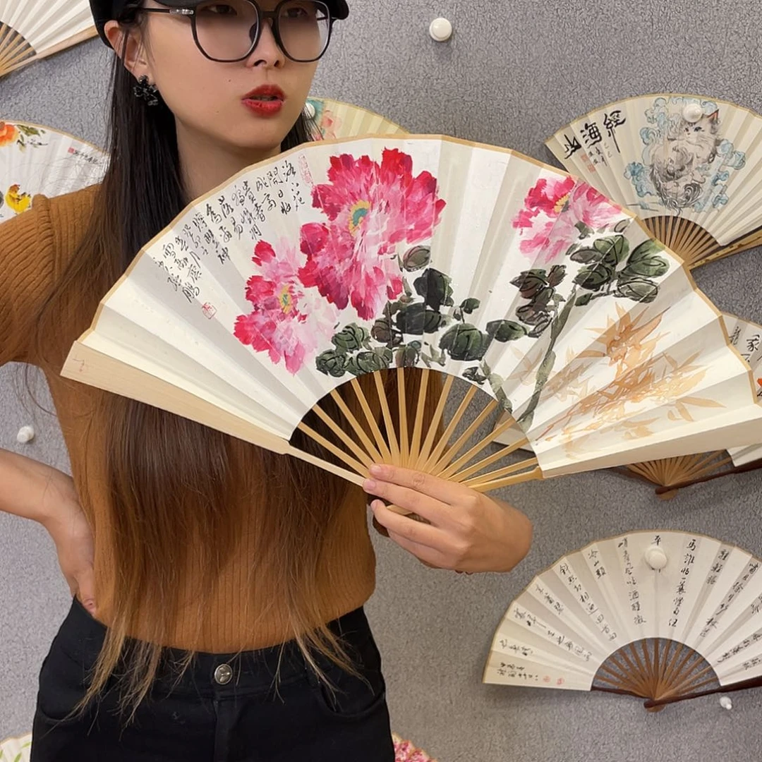 国画10寸玉竹-纯手绘-文玩扇骨（默认粘好）