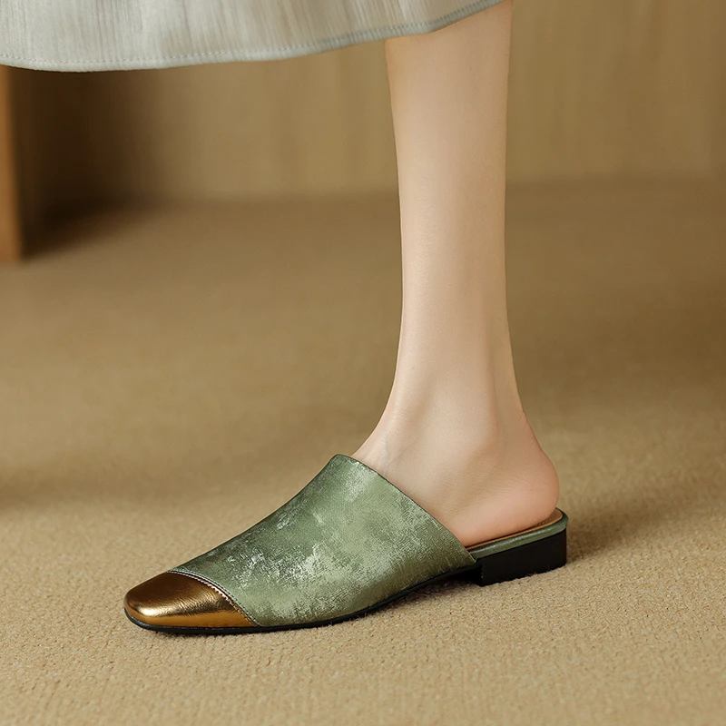 断码清仓牛皮平底包头拖鞋女2025夏季新款方头软底拼色皮拖穆勒鞋