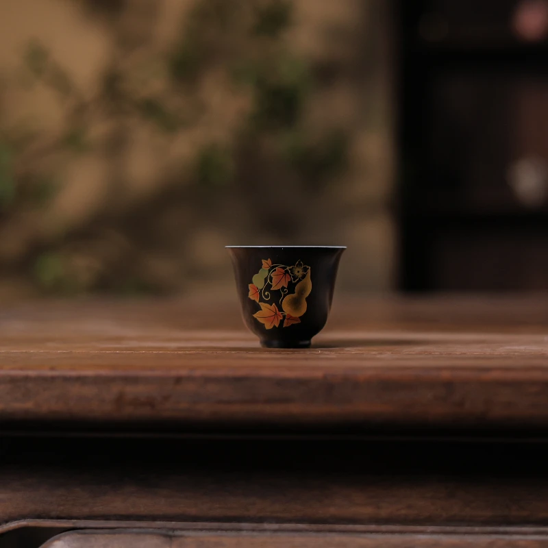 【慕白茶集】白瓷铃铛杯D款素黑(手绘团花纹)（林剑军0312）