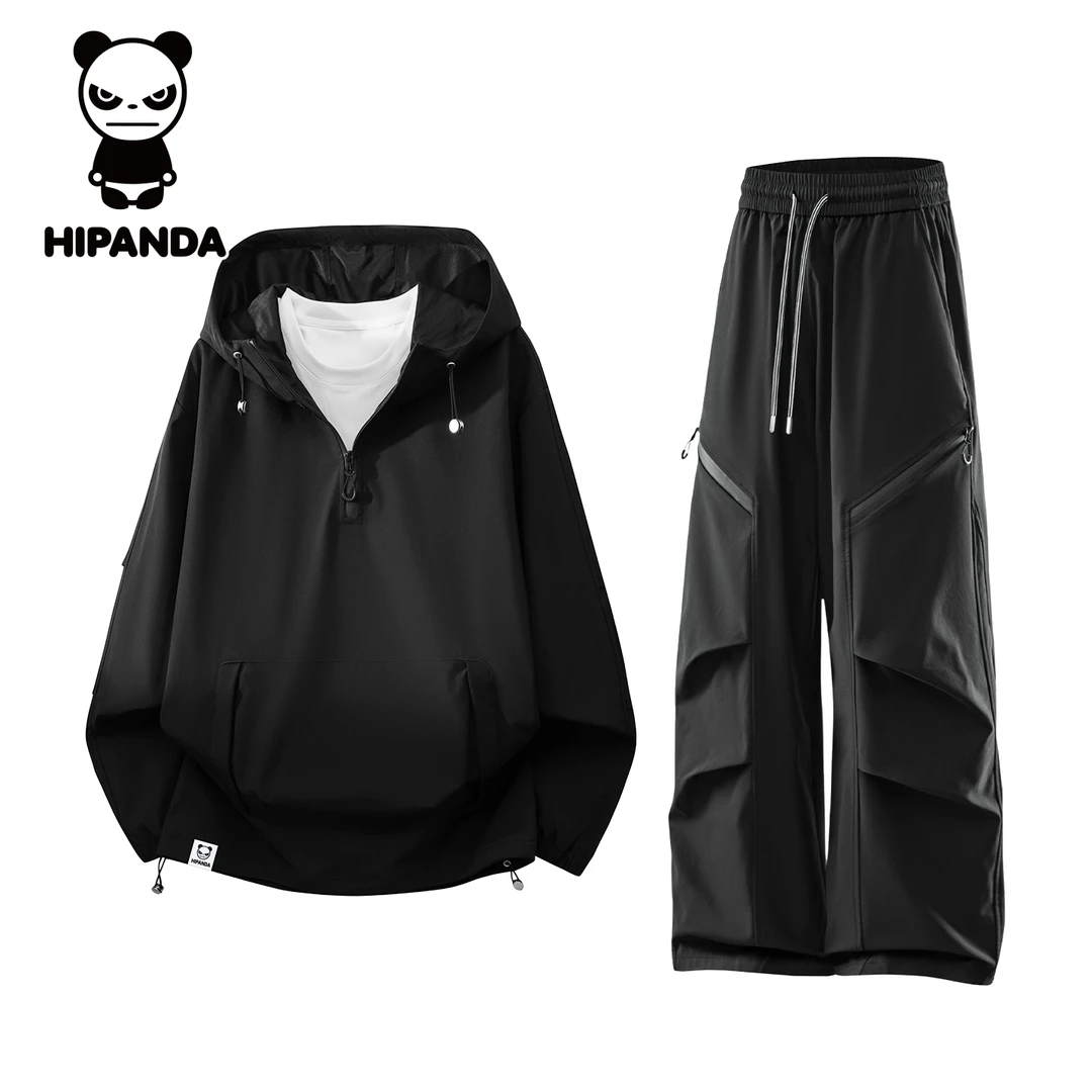 Hi Panda你好熊猫秋季美式休闲套装男潮流连帽夹克上衣长裤两件套
