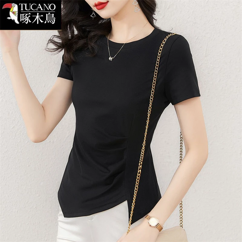 啄木鸟正品短袖拼接圆领套头T恤2025夏季新款不规则开叉百搭上衣