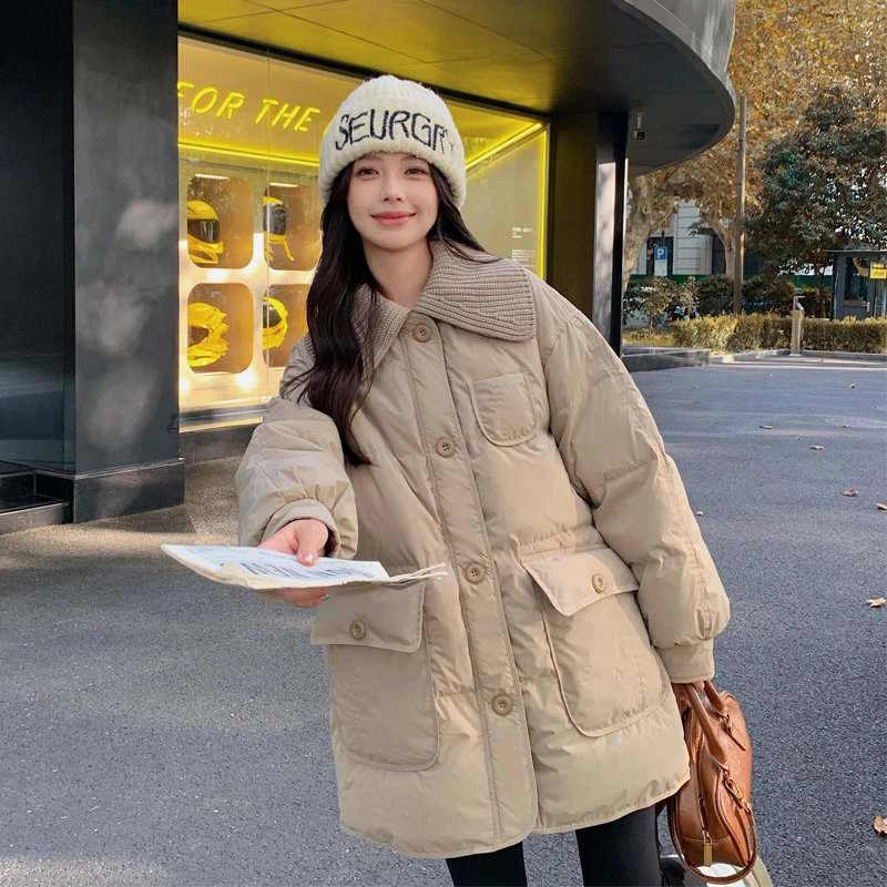 针织娃娃领羽绒服女冬季厚外套2024新款韩系氛围感白鸭绒面包服潮