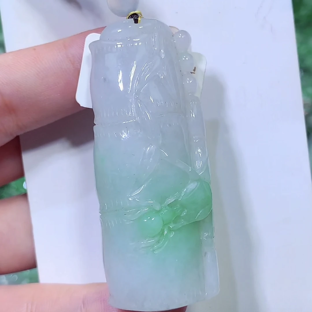 缅甸天然A货翡翠飘绿竹报平安竹节吊坠