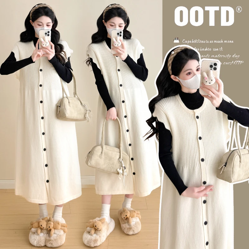 2025孕妇裙秋冬季新款潮流洋气显瘦休闲宽松开衫马甲连衣裙两件套