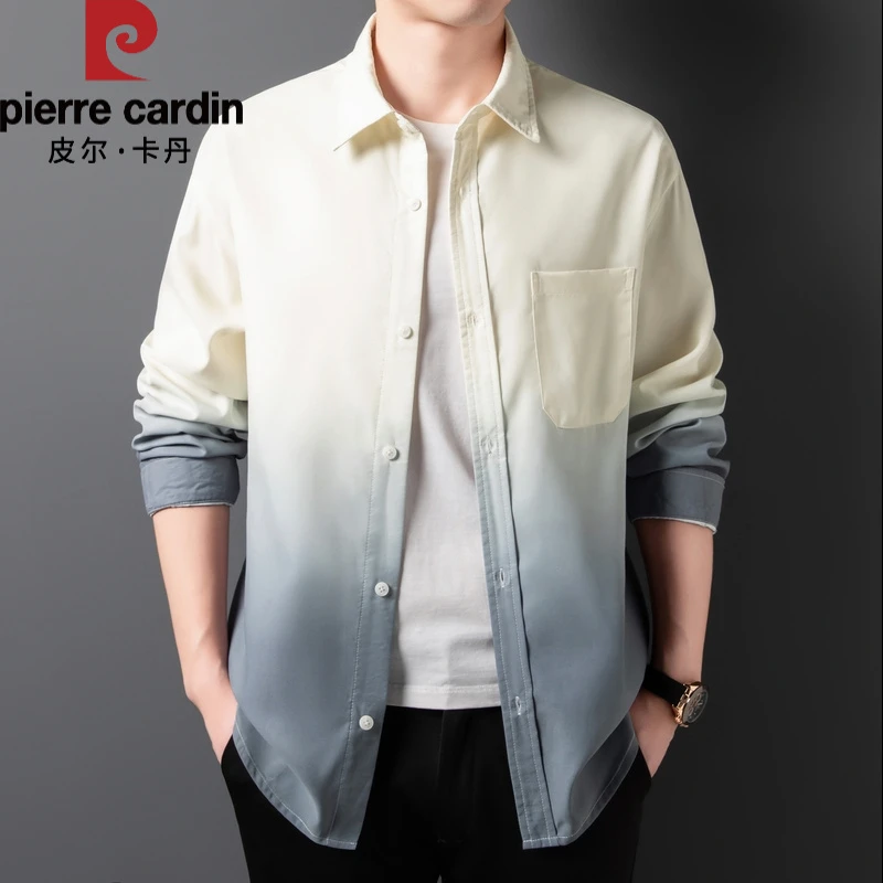皮尔卡丹渐变长袖衬衫男士春季2025新款上衣潮流免烫休闲衬衣外套