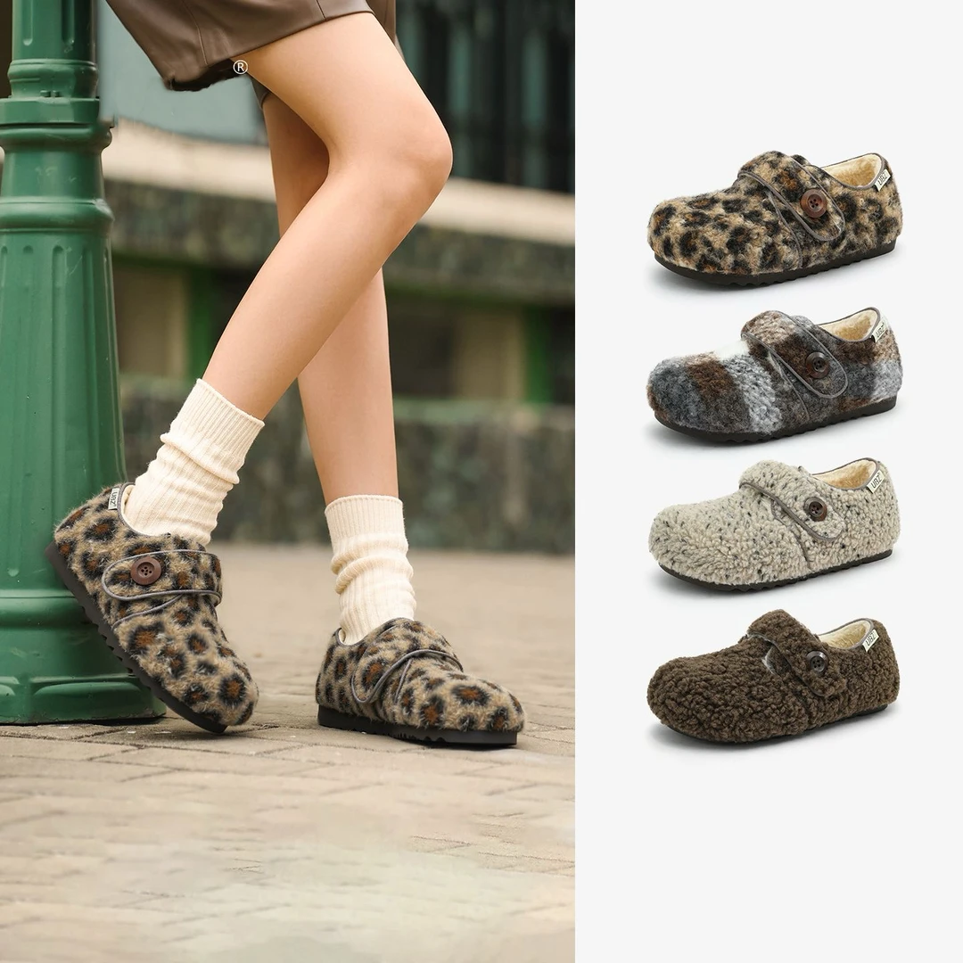 冬季保暖勃肯女鞋加绒魔术贴百搭豹纹休闲防滑平底棉鞋HQYX116