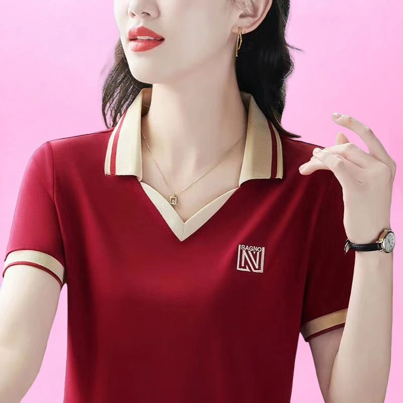 哥弟阿玛施正品短袖t恤女中老夏季2024上衣女宽松妈妈装翻领减龄
