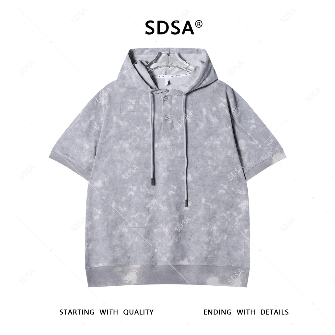 SDSA夏季新款男士痞帅韩系扎染虚线方形连帽短袖T恤潮流百搭时尚