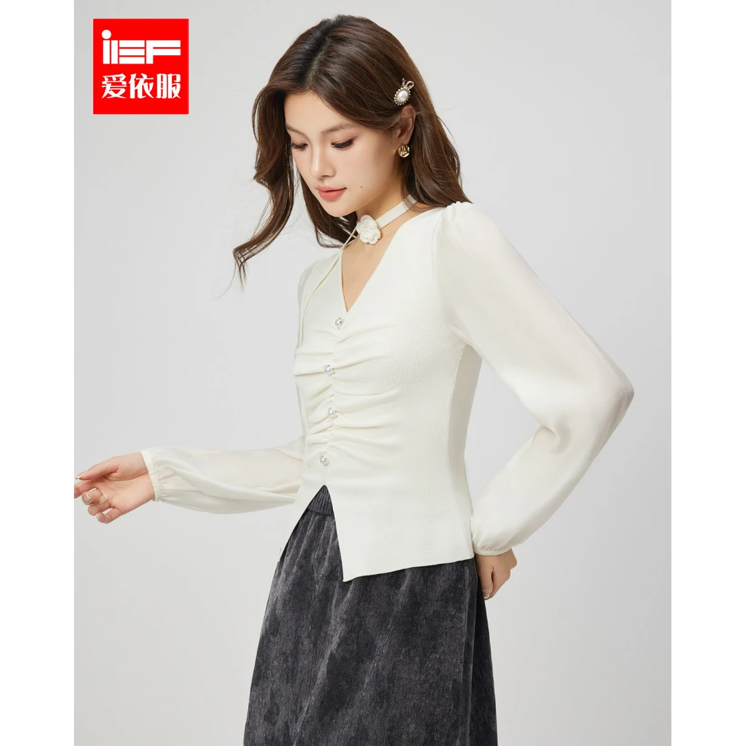 IEF/爱依服2025秋季新款性感V领气质女人味显瘦毛织上衣欧若风