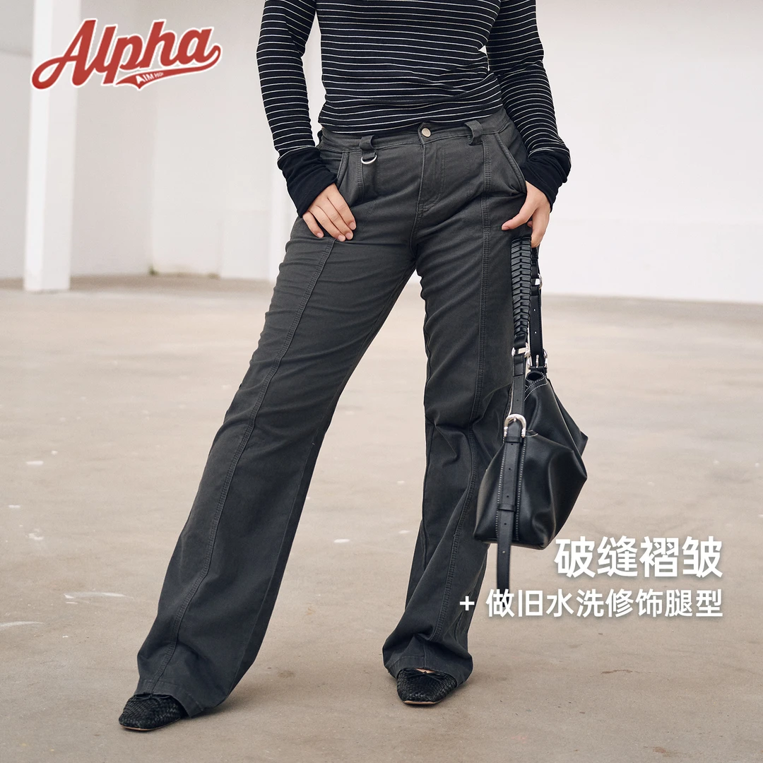 AlphaGym做旧皱感机能工装裤女中腰直筒牛仔复古废土风长裤