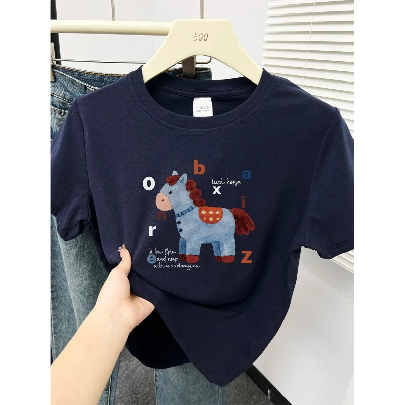 韩版正肩大码短袖t恤女2026新款胖MM显瘦圆领洋气小马印花上衣潮