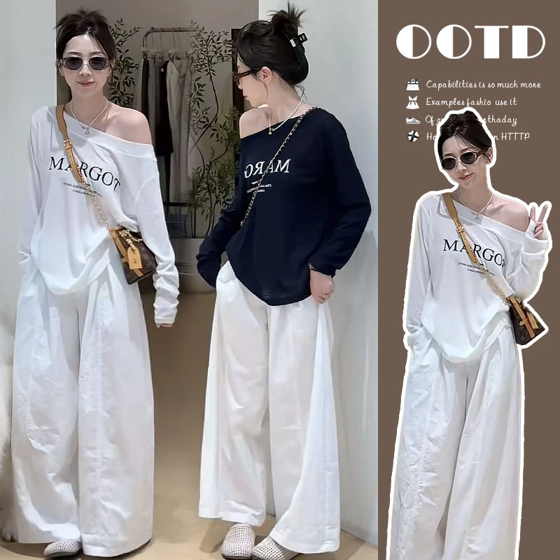 孕妇装秋装搭配休闲时尚斜肩上衣+白色阔腿裤韩版秋季孕妇套装
