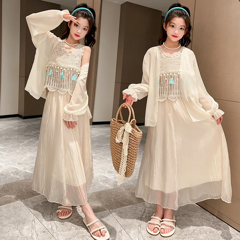 女童夏装2025新款吊带连衣裙套装儿童大童夏天度假波西米亚风裙子