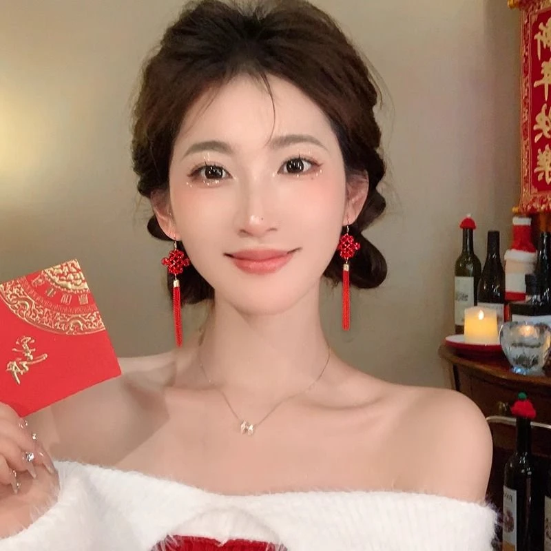 开年好运~蛇年红色中国结耳环复古新年喜庆流苏耳钉新娘耳饰耳坠