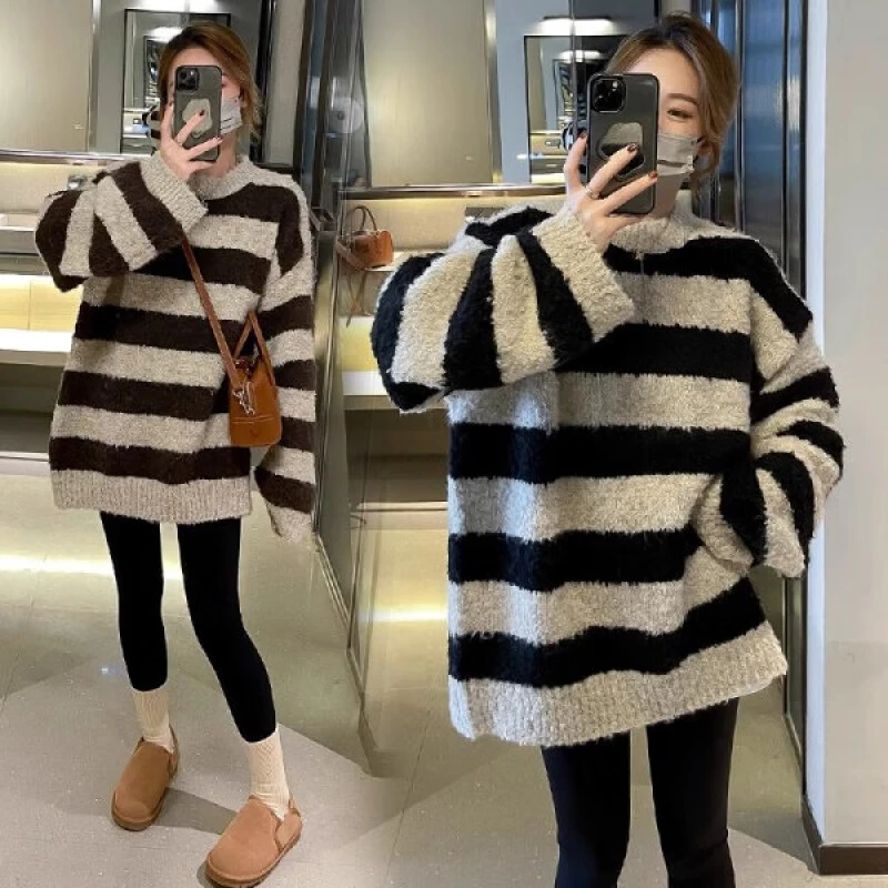 针织毛衣春秋季2025新款条纹针织衫上衣外穿百搭宽松中长款孕妇装